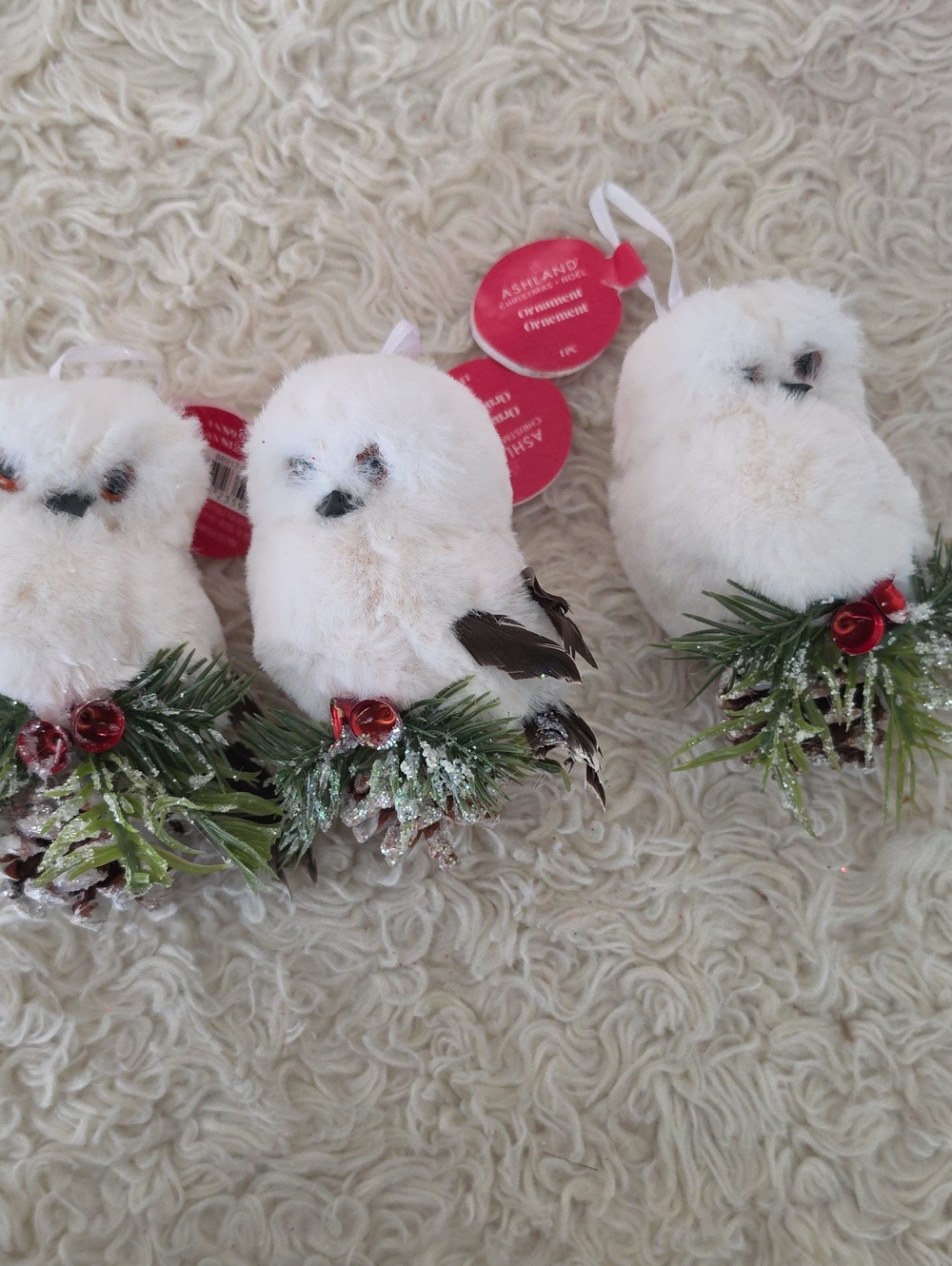 Ashland White Plush Owl Ornaments with Green Pine and Red Berry Accents